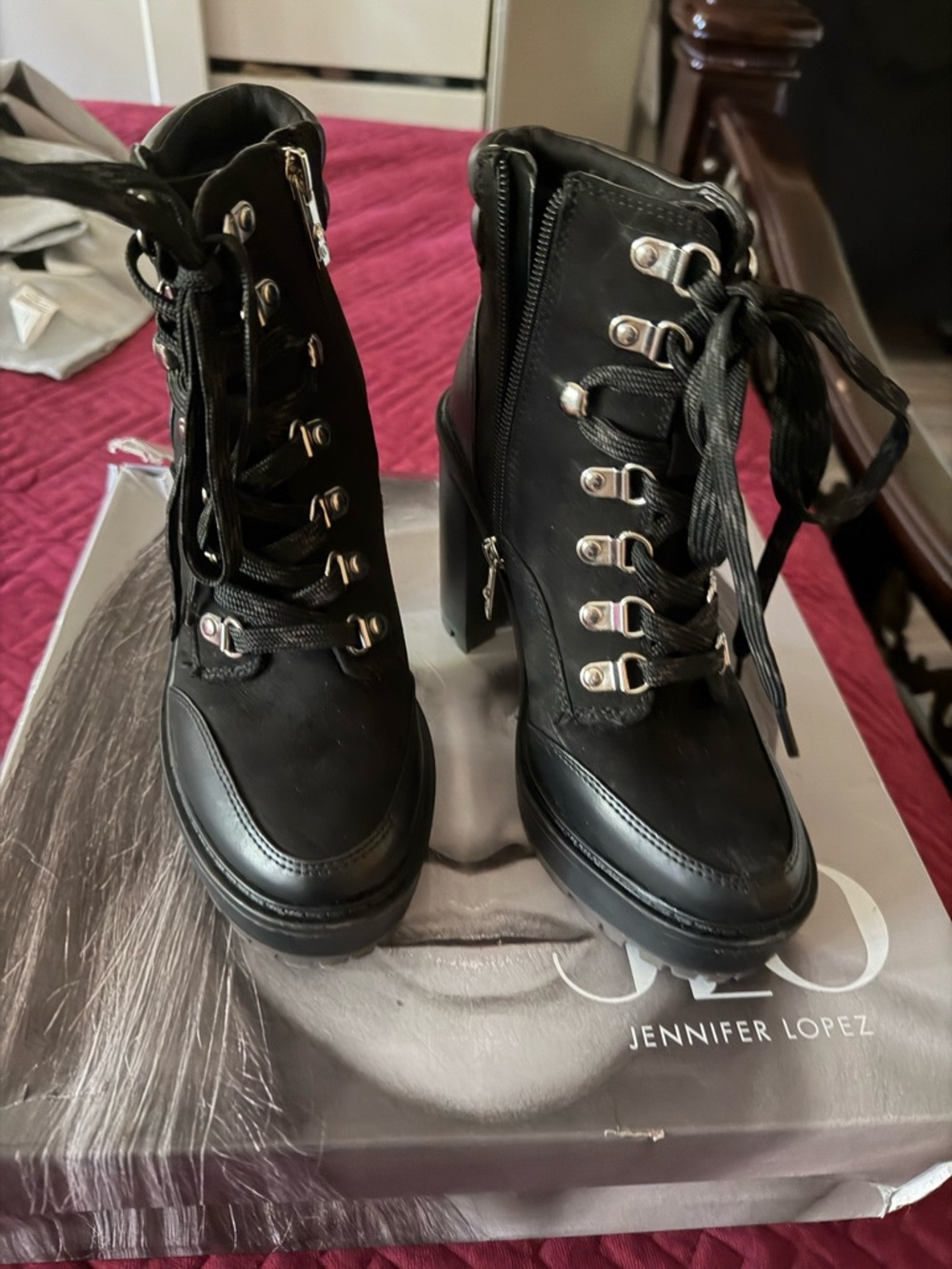 Jennifer Lopez Black Lace-Up Chunky Heel Ankle Boots